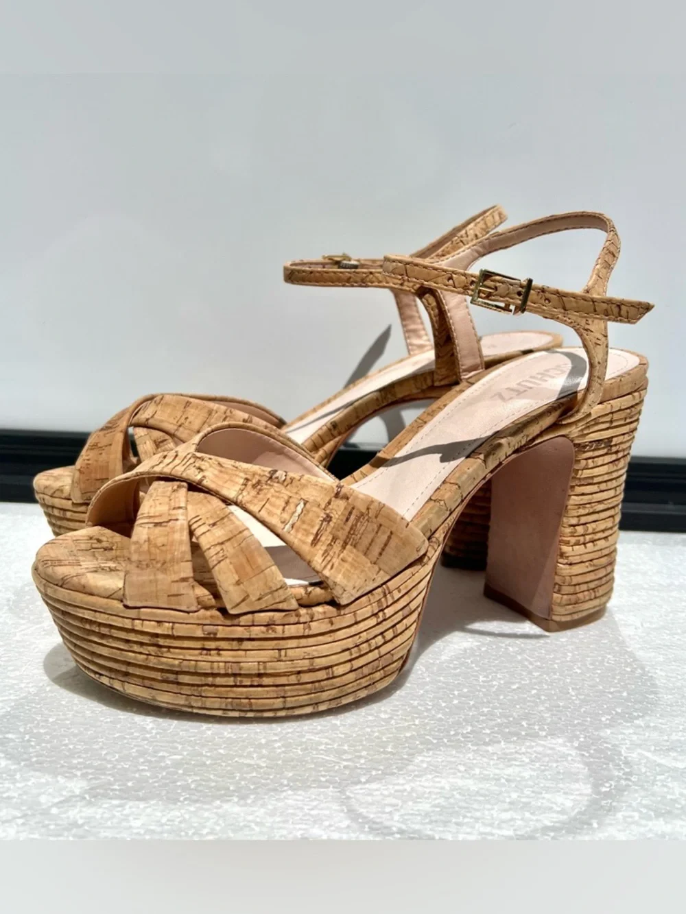 Shutz Keefa Corc Platform Block Heel Sandal Women’s Size 8 Brown Tan